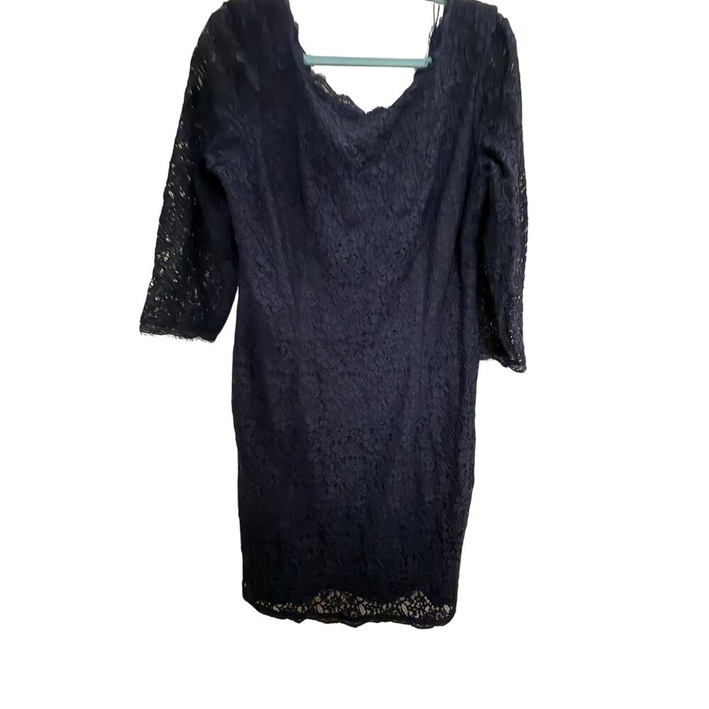 Adrianna Papell Evening Lace Dress Navy Sheath 3/4 Sleeve Formal Size 16W